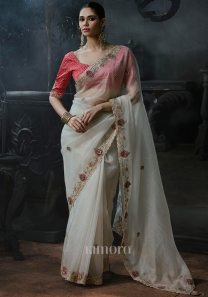 Aafreen Silk Satin Saree White
