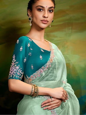 Evara heavy organza saree In Lime Green