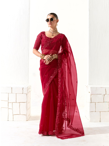 Red Silk Saree with Matching Blouse