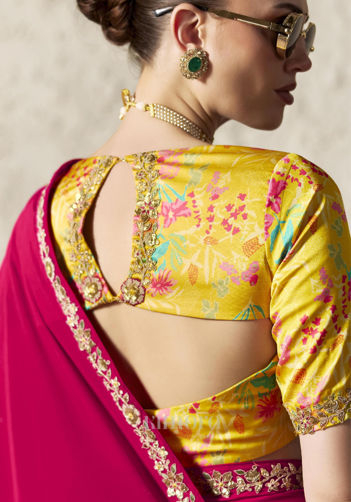 Sunshine Yellow Linen Satin Blouse with Multicolor Floral Print Design, Designer Printed Blouse for Festive and Wedding Sarees