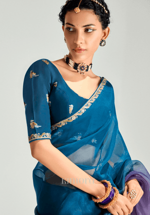 Shyam Raat Organza Tissue Saree In Navy Blue And Purple