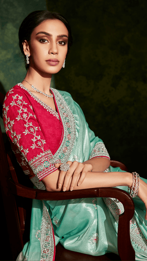 Blue & Red Embellished Mirror Work Pure Georgette Saree - Kimora.in