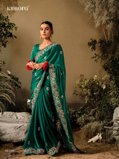 Green Soft Silk Saree With Heavy Embroidery & Matching Blouse