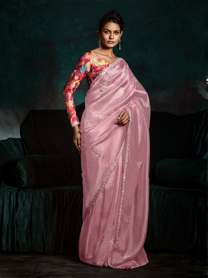 Blush Bloom Tissue silk saree in Pink