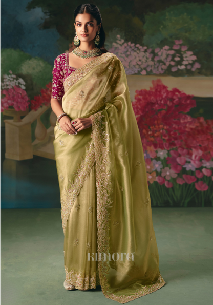 Designer Tissue Silk Saree In Olive Green For Wedding Occasion