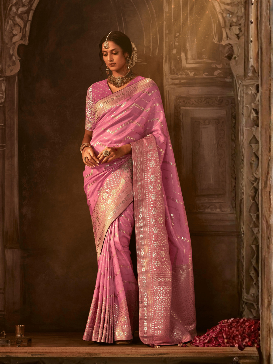 Pink Banarasi Silk Saree with Intricate Golden Zari Detailing