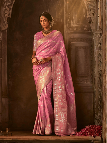 Pink Banarasi Silk Saree with Intricate Golden Zari Detailing