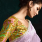 Lavender Organza Saree with Yellow Printed Blouse and Lace Border
