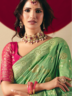 Light Green Weaving Banarasi Saree with Red Blouse – Traditional Festive Wear