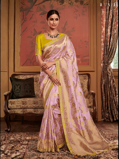 Pink Silk Woven Saree With Contrasting Yellow Blouse