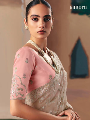Beige Fancy Fabric Saree with Thread & Sequin Work and Peach Blouse