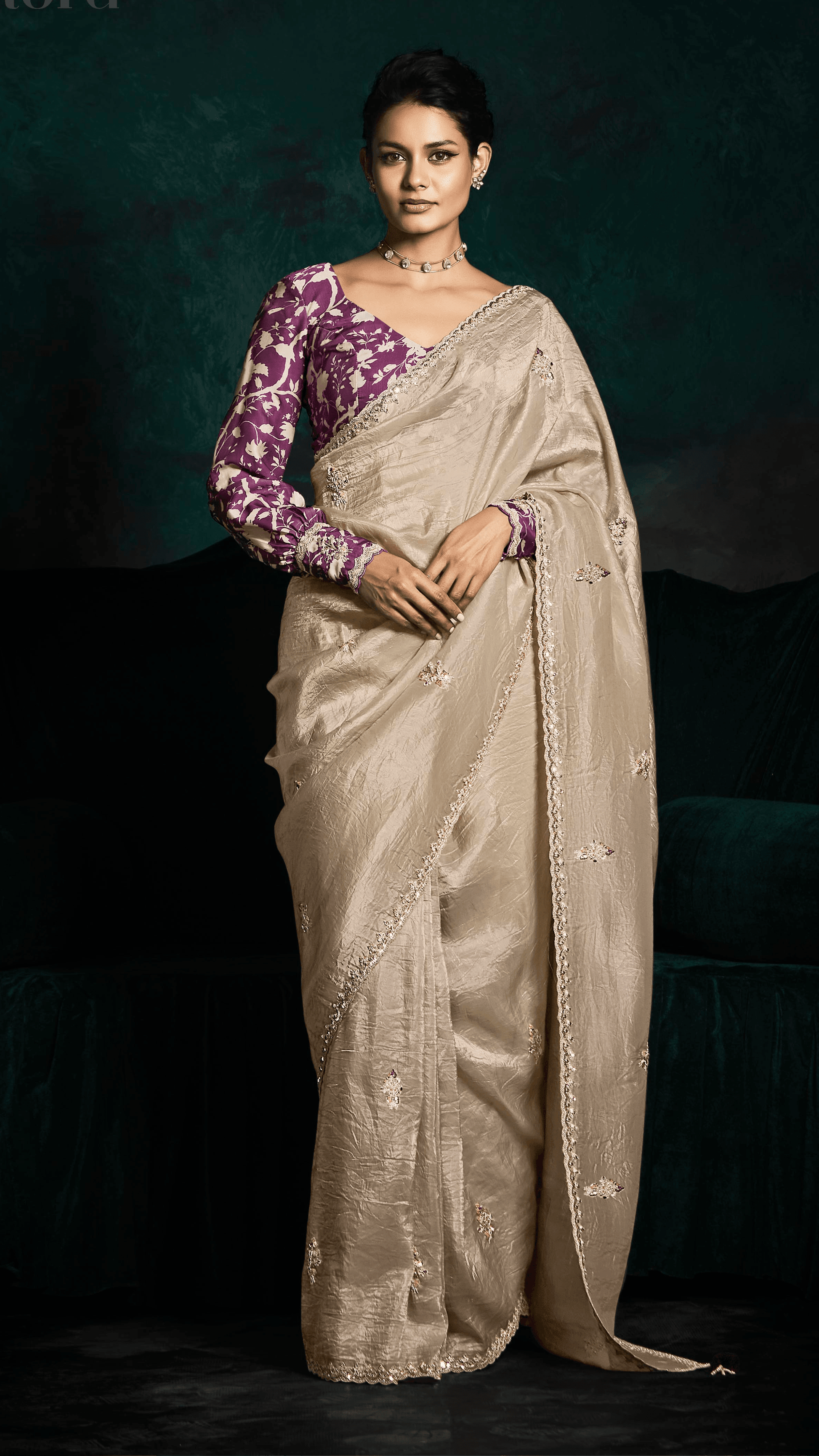 BEIGE DESIGNER ORGANZA SAREE– A STATEMENT OF SUBTLE SOPHISTICATION - Kimora.in