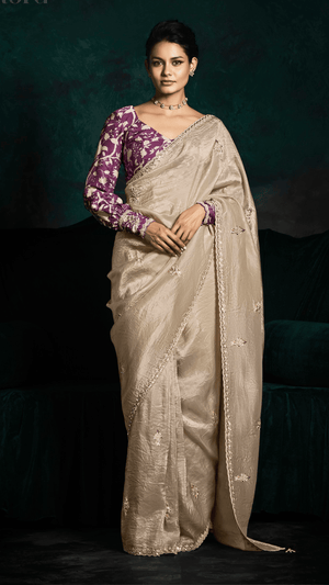BEIGE DESIGNER ORGANZA SAREE– A STATEMENT OF SUBTLE SOPHISTICATION - Kimora.in