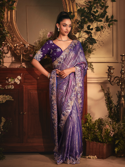 Purple Fancy Fabric Saree with Heavy Border Embroidery and Matching Blouse