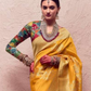 Yellow Crape Saree with Golden Border