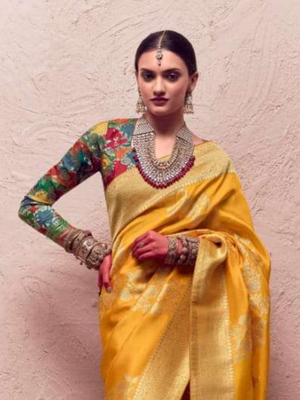 Yellow Crape Saree with Golden Border