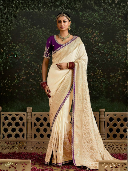 Off-white Banarasi Dola Silk Saree With Golden Zari Work