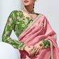 Peach Pure Tissue Silk Saree with Crushed Texture & Contrasting Green Blouse