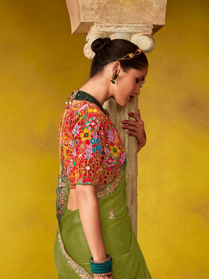 Green Tissue Silk Saree with Embroidered Border