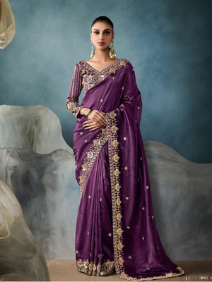 Purple Embroidery Georgette Saree with Designer Blouse