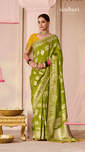 MEHENDI GREEN DOLA SILK SAREE WITH YELLOW GOLDEN EMBROIDERED BLOUSE - Kimora.in