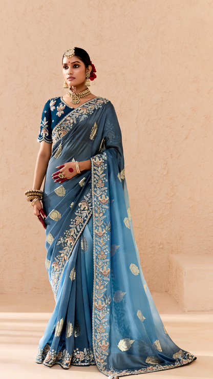 Shaded Blue Tussar Silk Saree