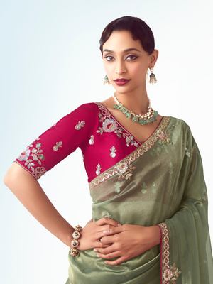 Green Organza Saree with Pink Embroidered Blouse
