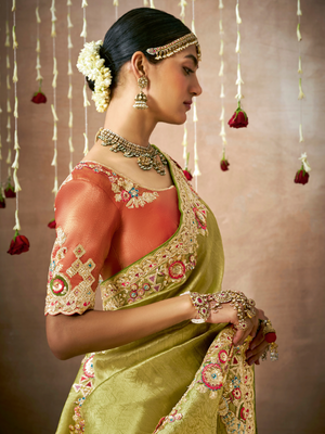 Olive Green Kanjivaram Silk Saree with Rust Blouse