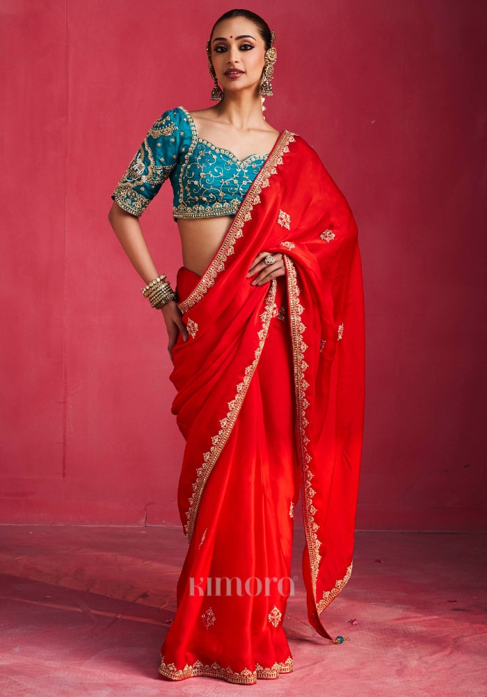 Virasat Natural Crepe Embroidered saree in Red