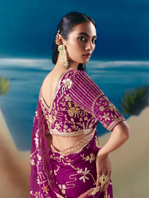 Chandani Tissue Silk Hand Embroidered Saree In Magenta
