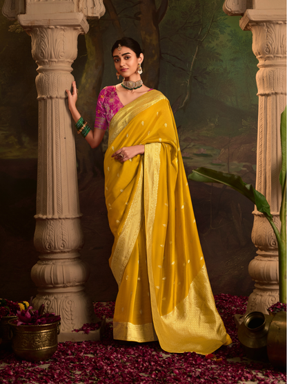 Mustard Yellow Pure Silk Saree With Golden Border and Designer Weaving Blouse