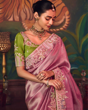 Premium Pink Silk Saree with Embroidered Green Blouse