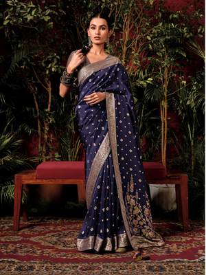Midnight Sapphire-Designer Silk Saree in Deep Navy Blue with Zari Weaving