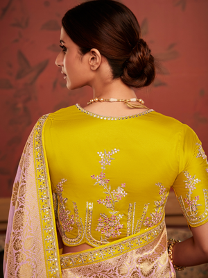 Lavender Silk Saree with Golden Zari Work & Contrast Yellow Blouse