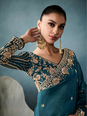 Teal Heavy Embroidery Saree with Blouse