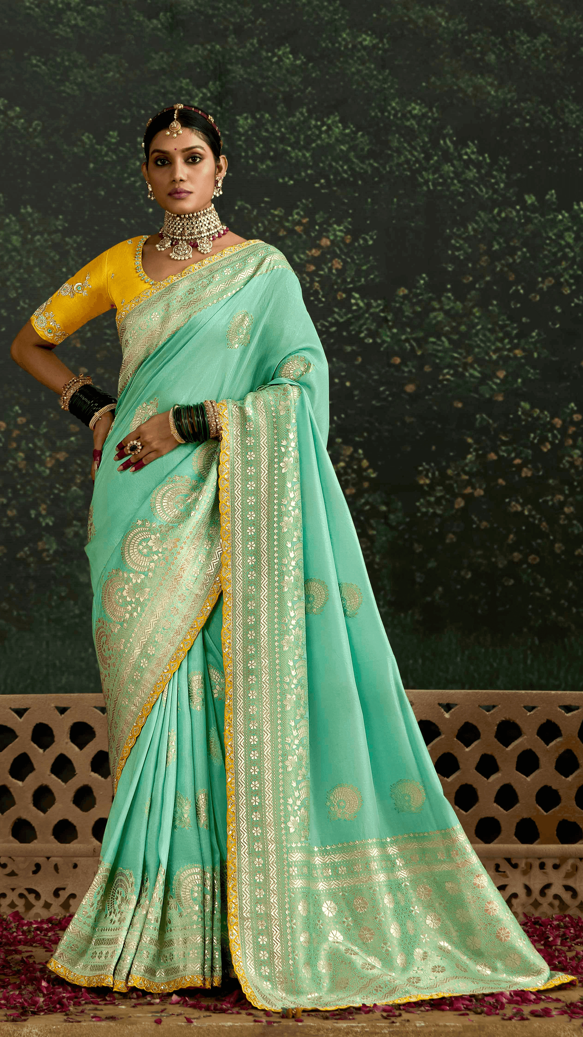SEA GREEN BANARASI DOLA SILK SAREE WITH GOLDEN ZARI WORK - Kimora.in