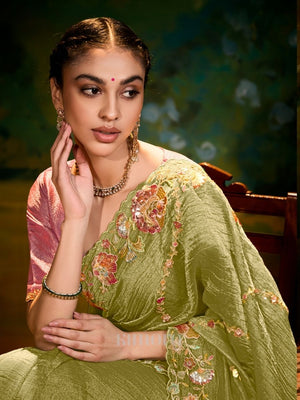 Olive green Pure Silk Saree