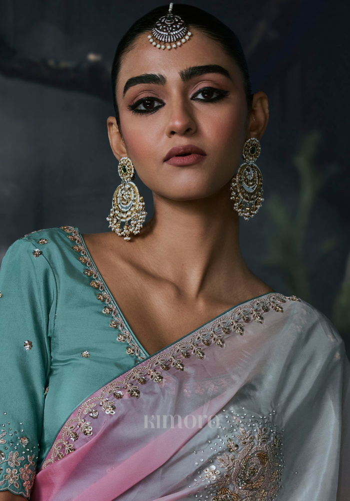 Zoya Satin Silk Saree Blue Pink Multi-Tonal