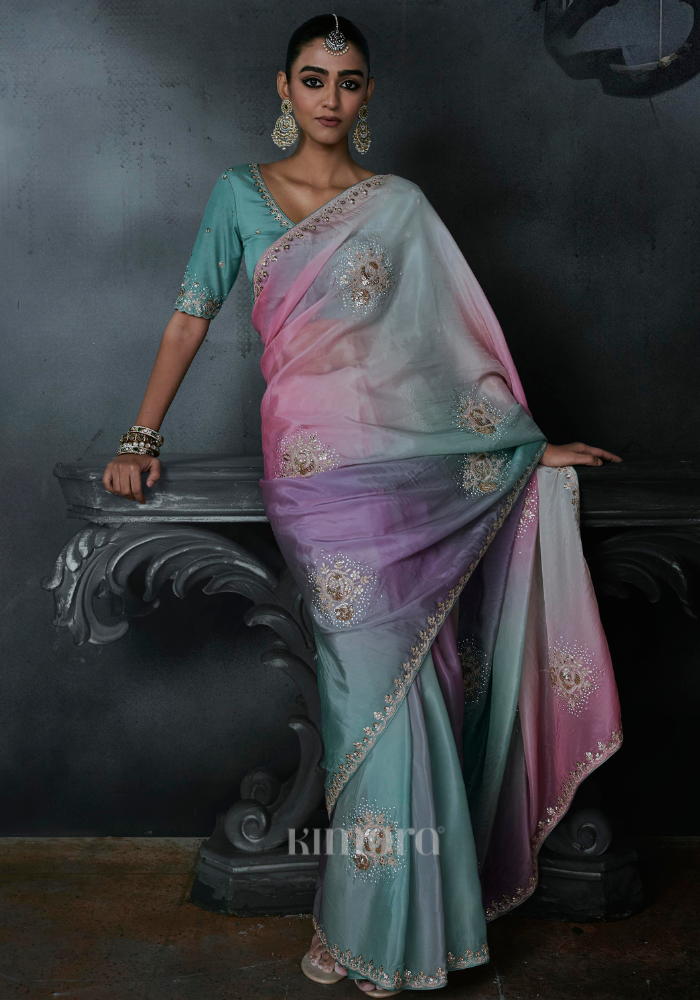 Zoya Satin Silk Saree Blue Pink Multi-Tonal
