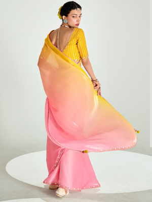Yellow & Red Shade Organza Saree