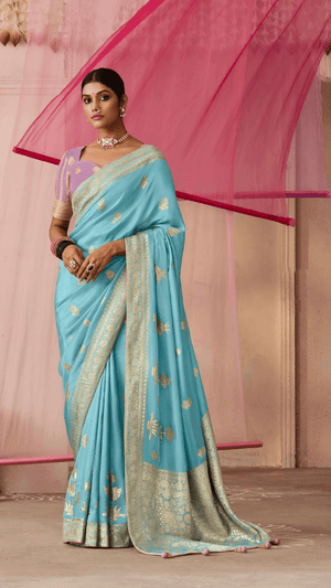 ELEGANT AQUA BLUE DOLA SILK SAREE WITH PURPLE GOLDEN WORK BLOUSE - Kimora.in