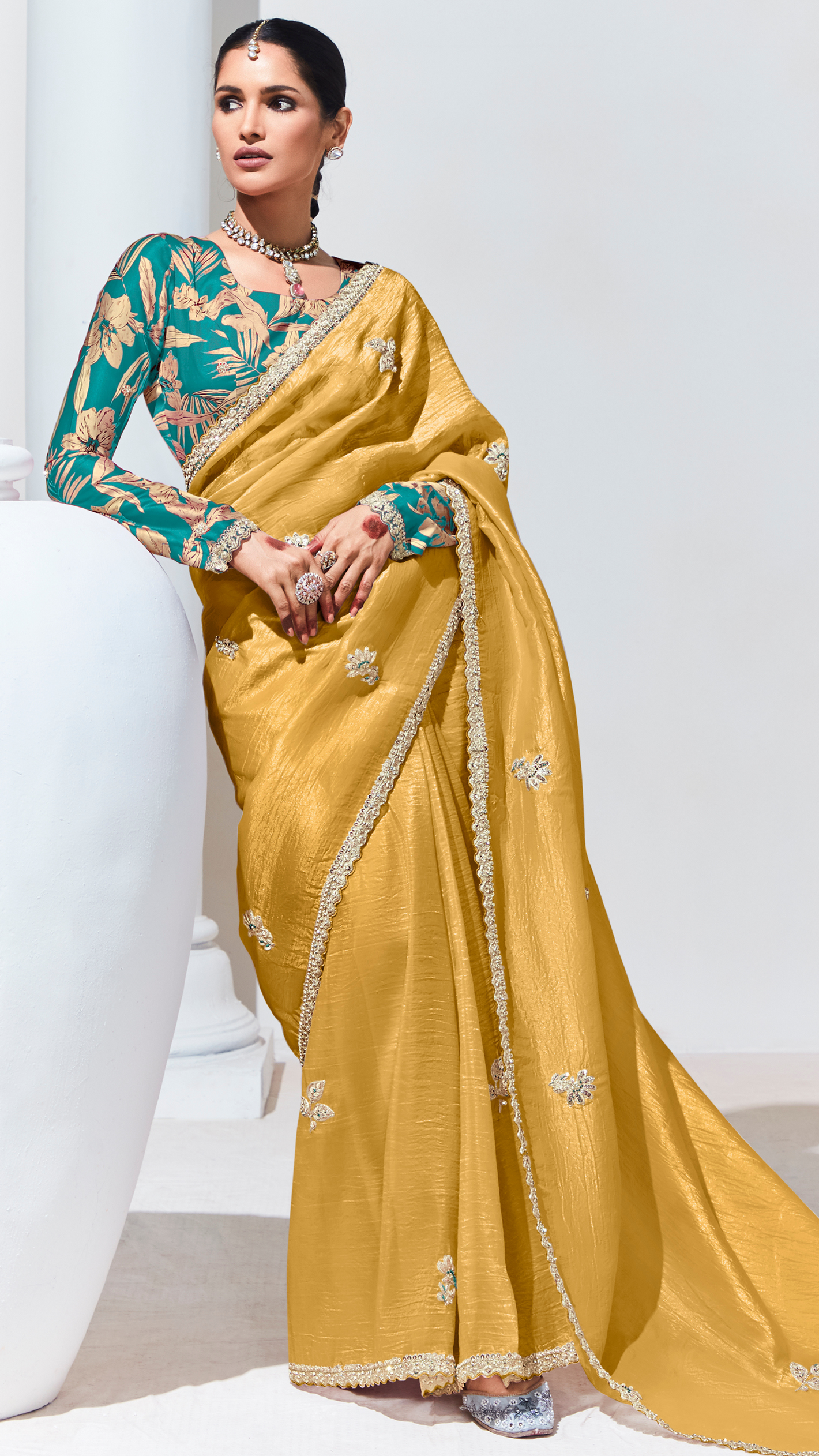 Yellow Tissue Silk Saree with Zari, Sequin and Bead Work Paired with a Multi-Colored Art Silk Blouse Featuring Green Floral Print By Kimora
