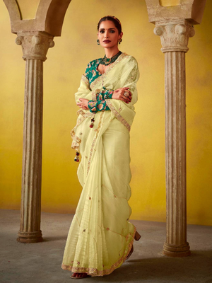 Lemon Yellow Saree With Embroidered Teal Blouse