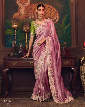 Premium Pink Silk Saree with Embroidered Green Blouse