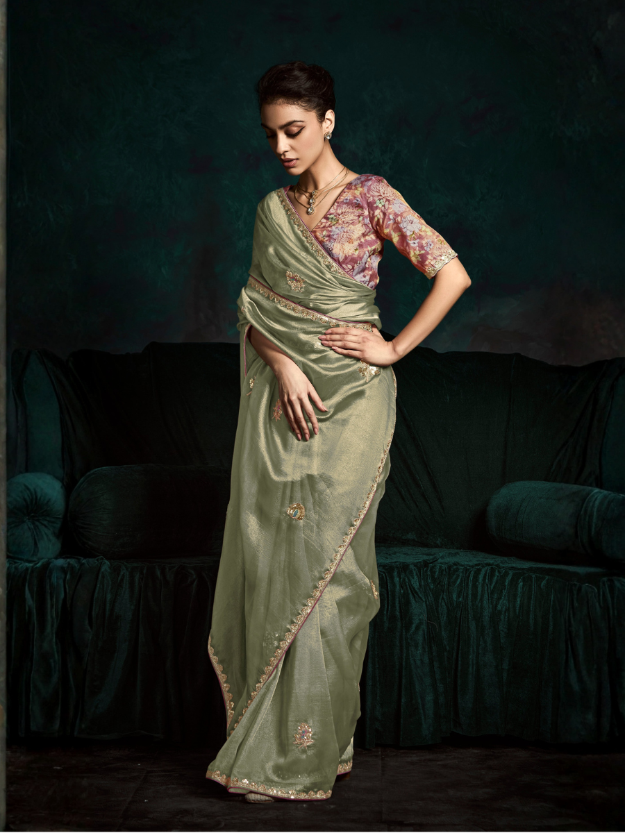 Shine bird tissue silk saree in pistachio green
