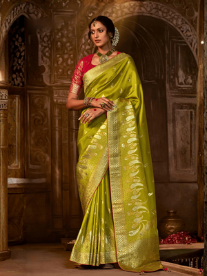 Green Banarasi Silk Saree with Rich Golden Zari & Red Contrast Blouse