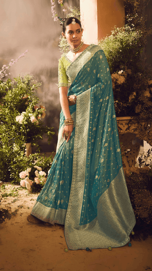 TEAL BLUE BANARASI ZARI TISSUE SAREE – A DREAMY DRAPE BY KIMORA - Kimora.in