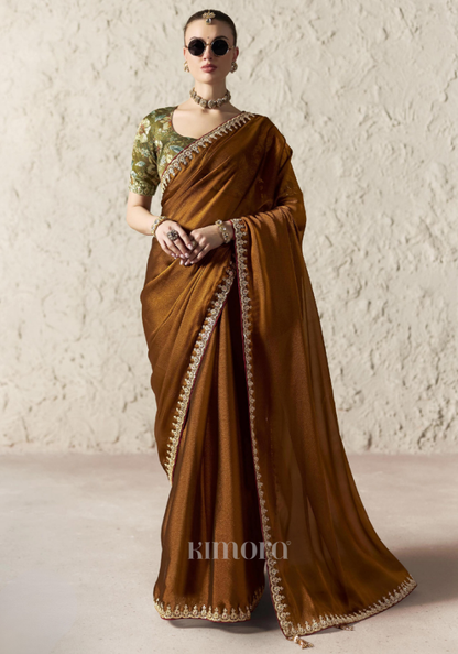 Ambara Diamond Soft Satin Saree In Brown