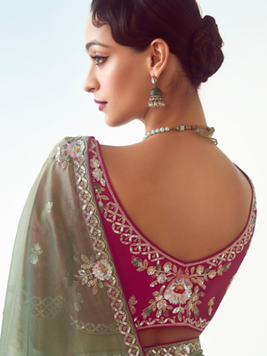 Olive Green Organza Silk Saree