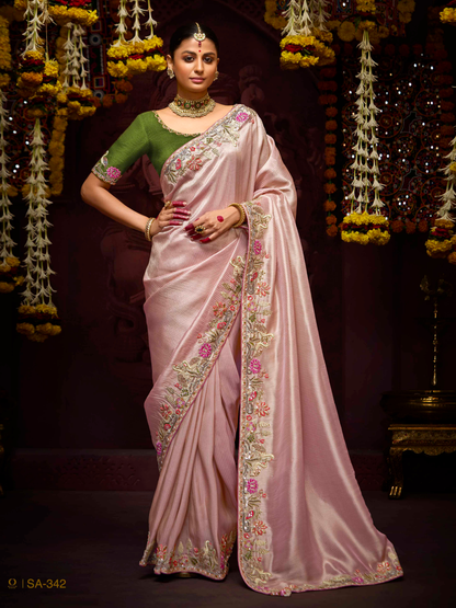 Pink Banarasi Viscose Saree with See green Blouse